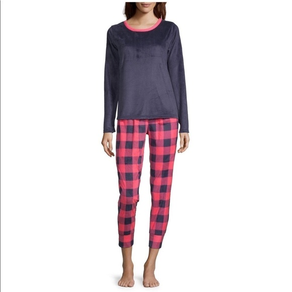 Womens Fleece 2 Pc Pajama Set Pink Blue Checkered Pattern - Picture 2 of 14